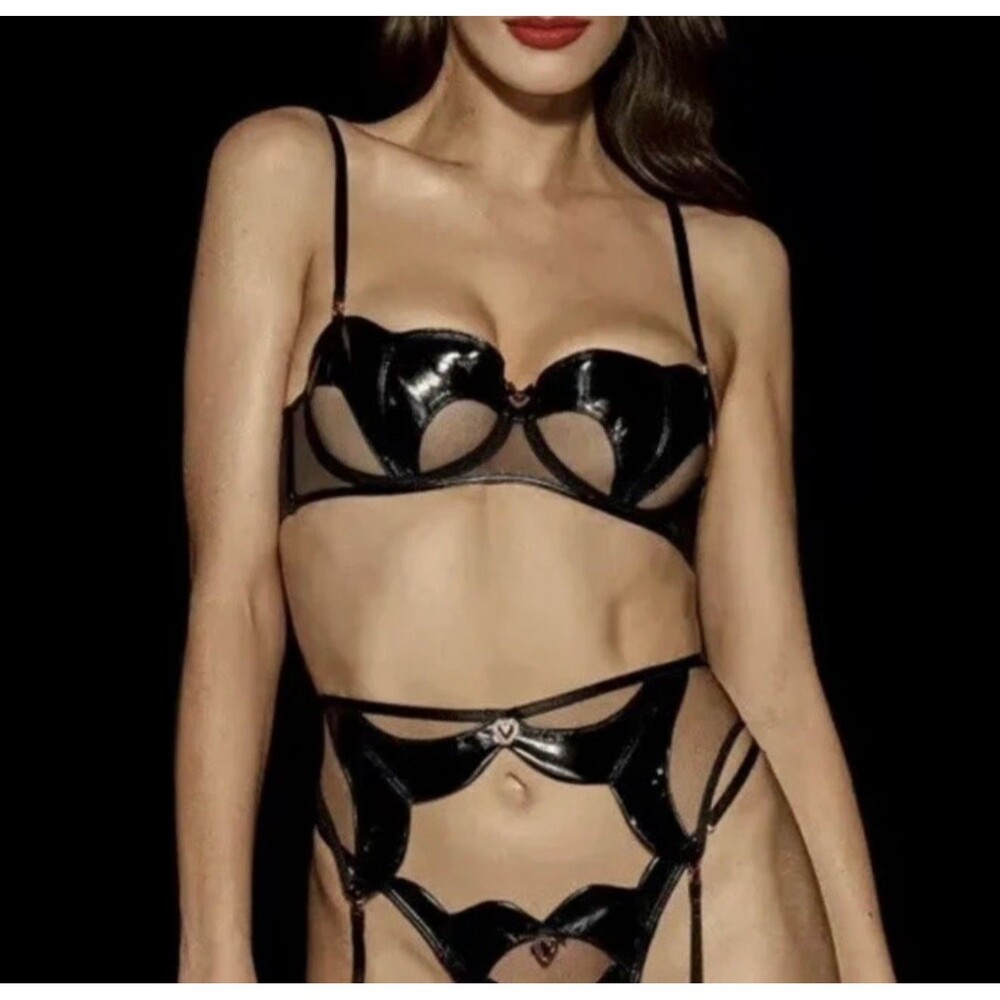 Honey Birdette Ella Bra Black 34H Faux Leather Mesh Sexy Hearts Shape EUC